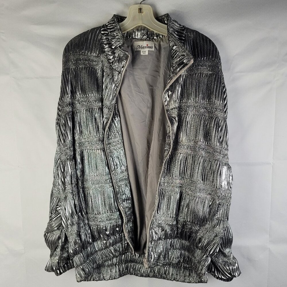 Vtg Maxima 80's Oversized Pewter Metallic Ruched Bomber Jacket One Size